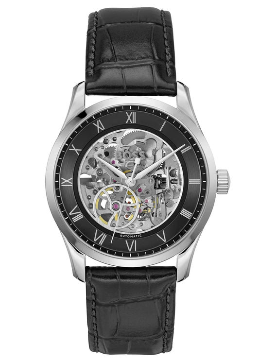 Stainless Steel Case/Black Calfskin Strap/Black Dial