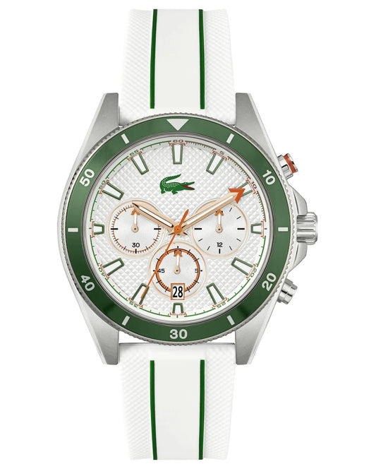 Stainless Steel Case/Green aluminum bezel/White Silicone Strap/White Dial
