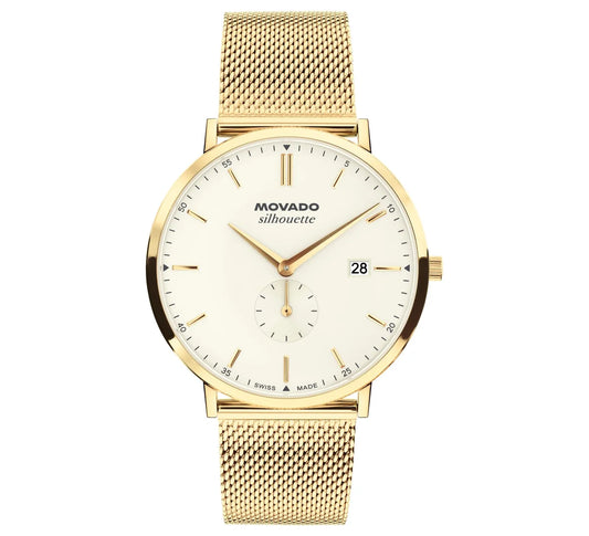 Yellow Gold IP case and mesh bracelet/Ivory powder dial/date window at 3