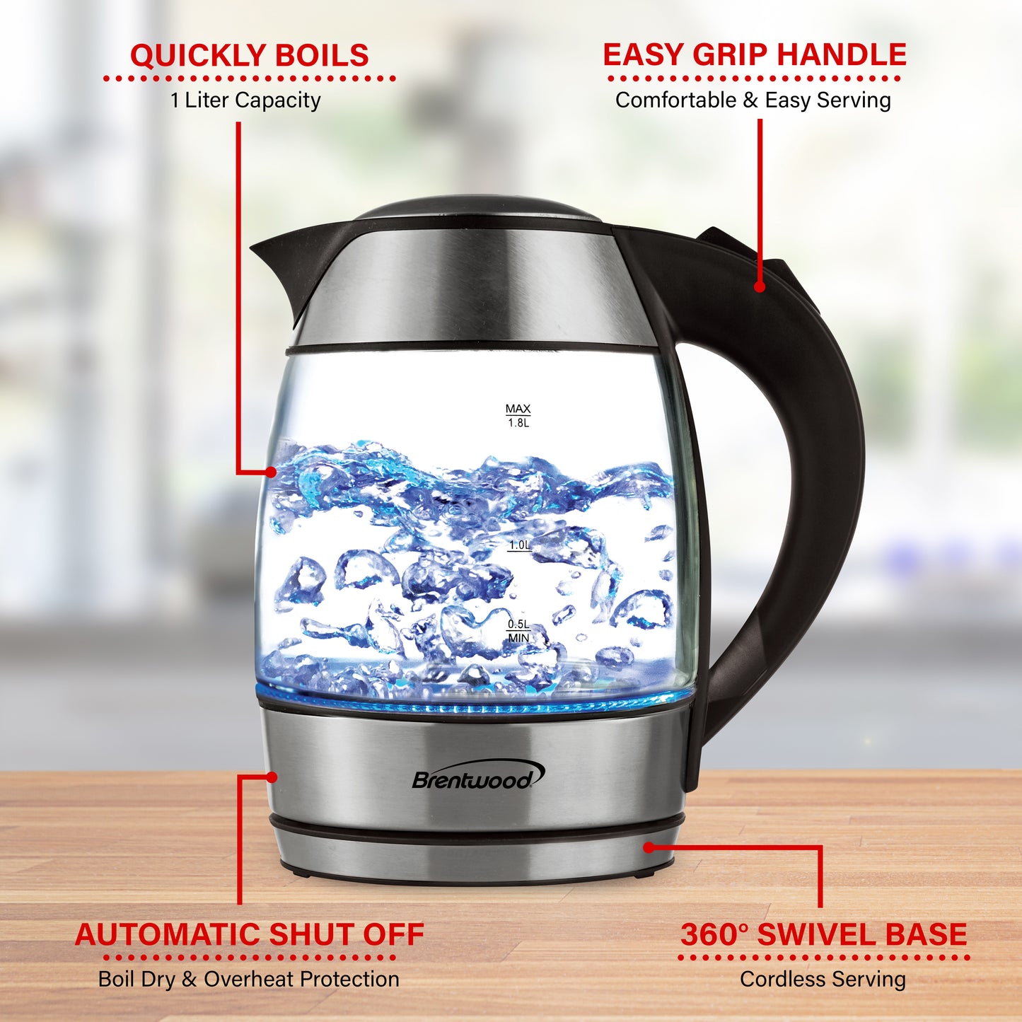Brentwood 1.8L Cordless Glass Electric Kettle with Tea Infuser