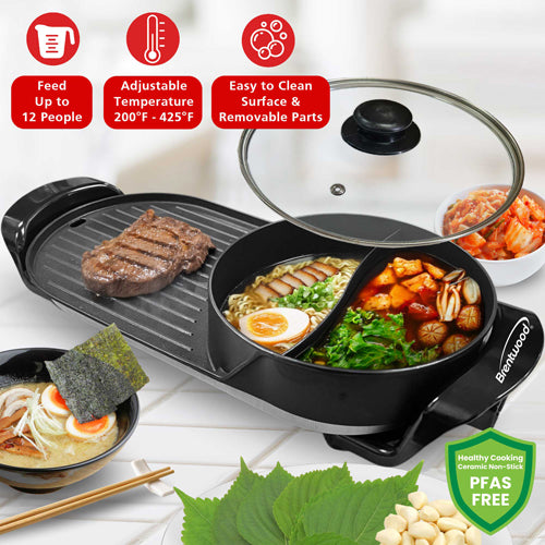 Brentwood 2-Quart 2-Sided Electric Hot Pot and 18” x 9” Korean BBQ Grill with Ceramic Non-Stick Surface