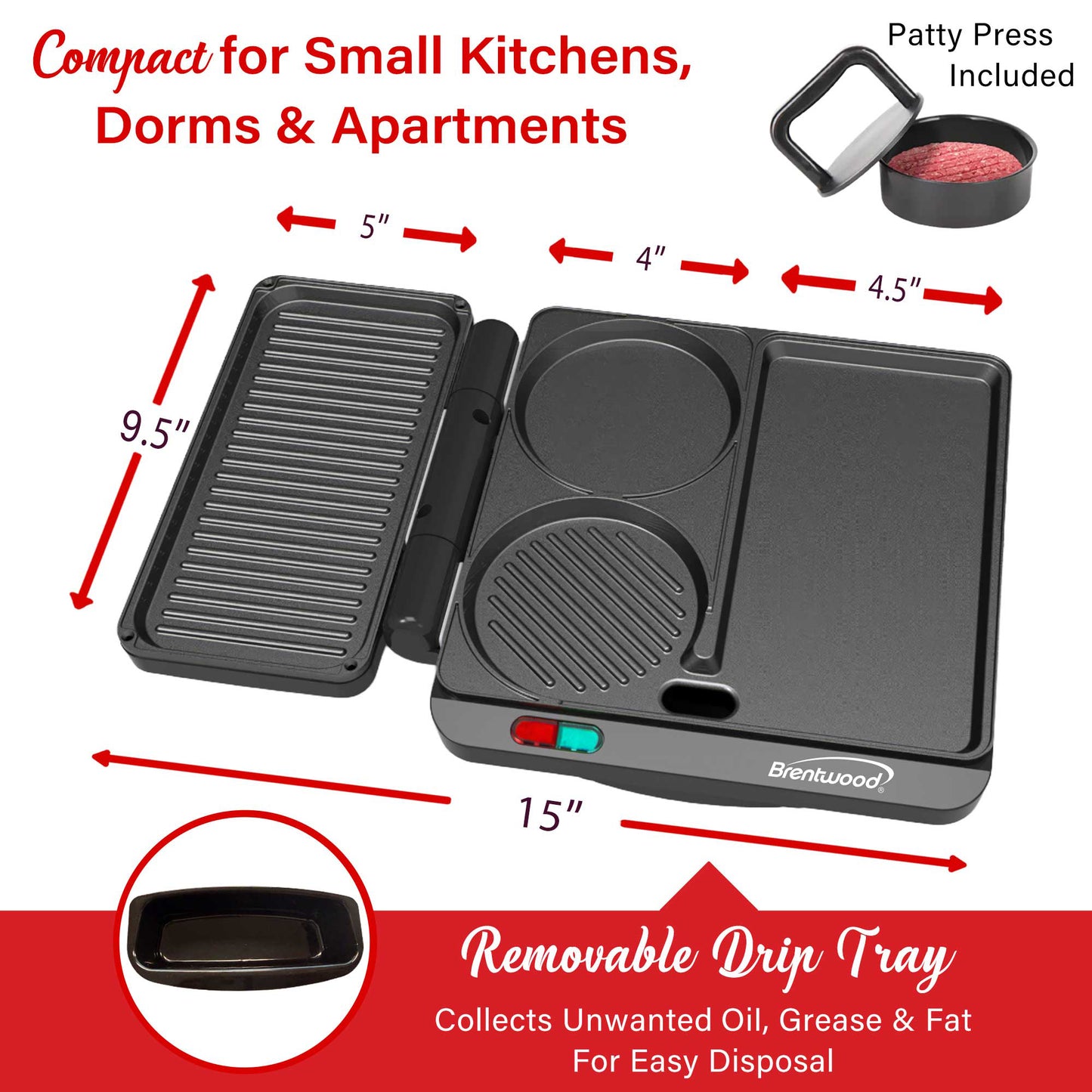 Brentwood 1000w Multipurpose Sandwich Maker and Hamburger Grill with Burger Press