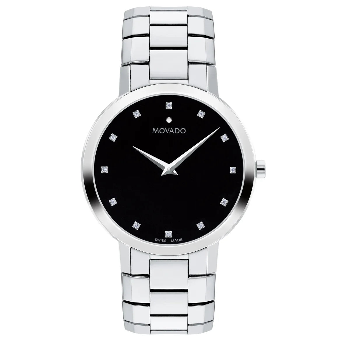 Stainless Steel Case and Bracelet with a Black Enamel Dial and 12 Diamond Markers