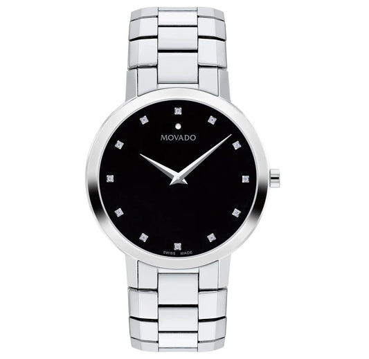 Stainless Steel Case and Bracelet with a Black Enamel Dial and 12 Diamond Markers