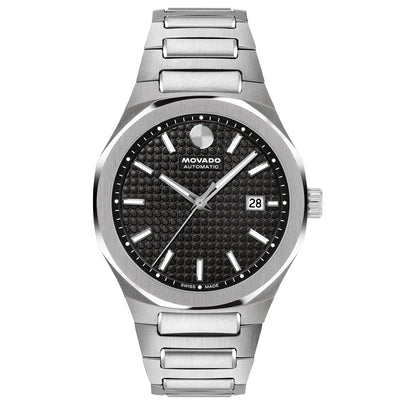 Stainless steel case and bracelet with a black textured dot dial