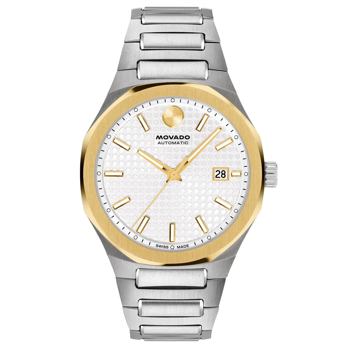 Stainless steel case and bracelet/White textured dot dial with YG PVD accents