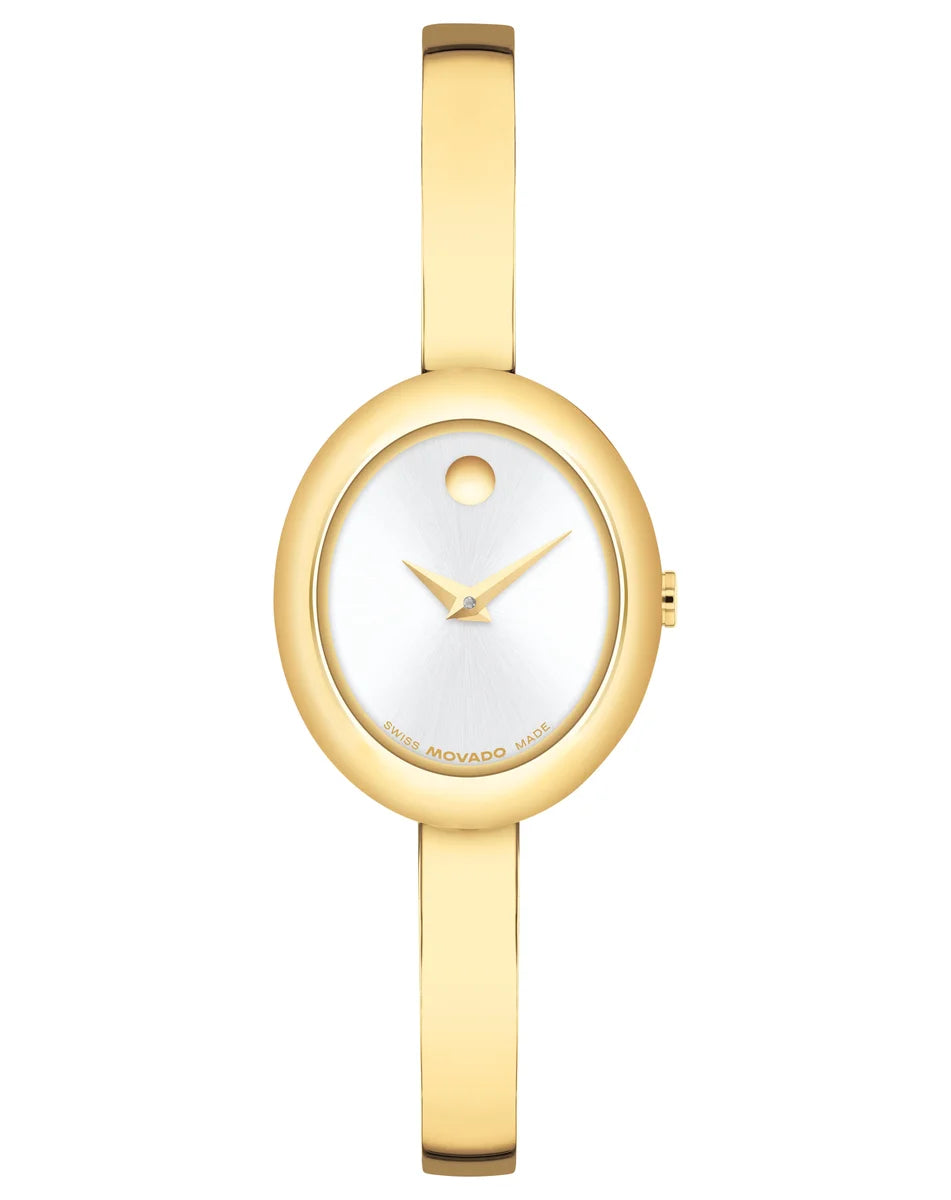 Yellow PVD Oval Case & Bangle Bracelet/Silver/White Dial