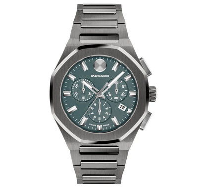 Dark gray PVD case and bracelet with a deep navy-blue matte chronograph dial