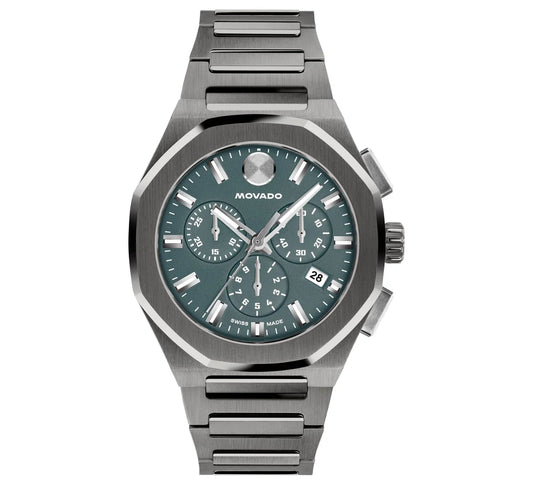 Dark gray PVD case and bracelet with a deep navy-blue matte chronograph dial