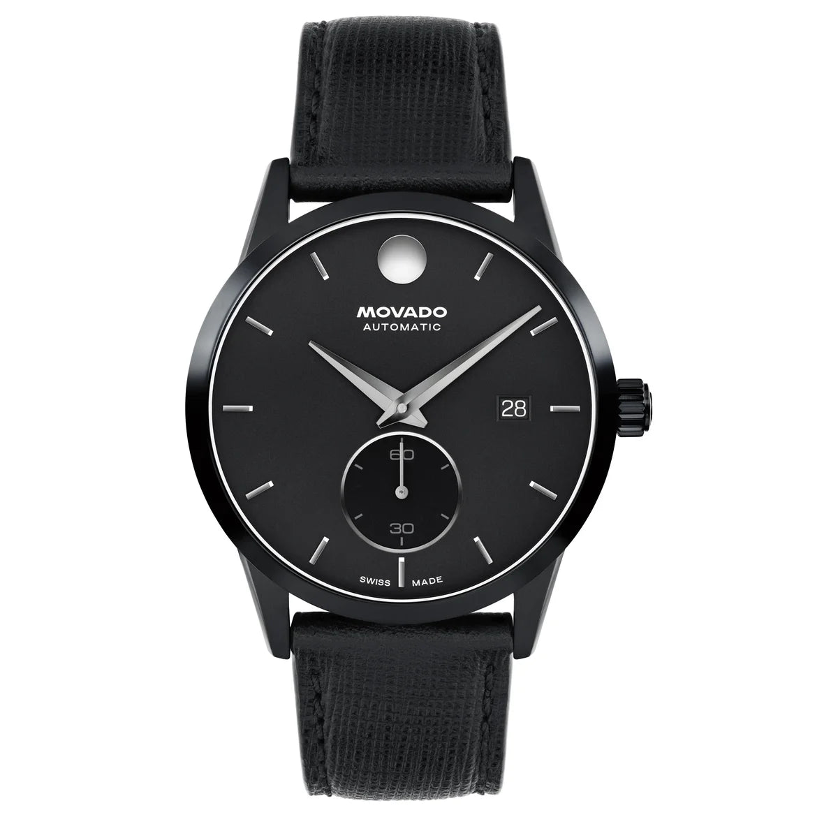 Black PVD Case/Black italian saffiano Leather Strap/Matte Black Powder Dial