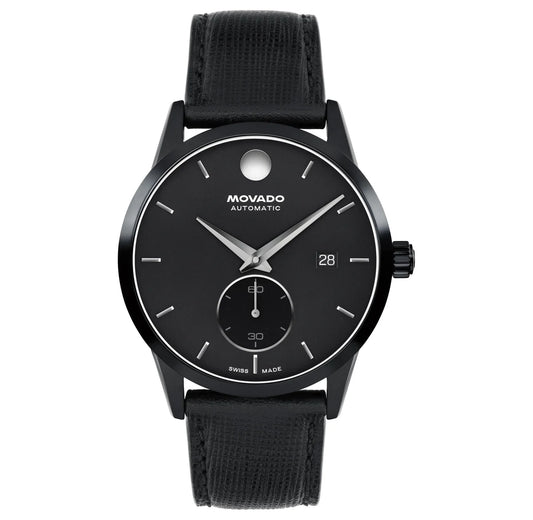 Black PVD Case/Black italian saffiano Leather Strap/Matte Black Powder Dial