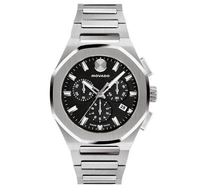 Stainless steel case and bracelet with a black matte chronograph dial