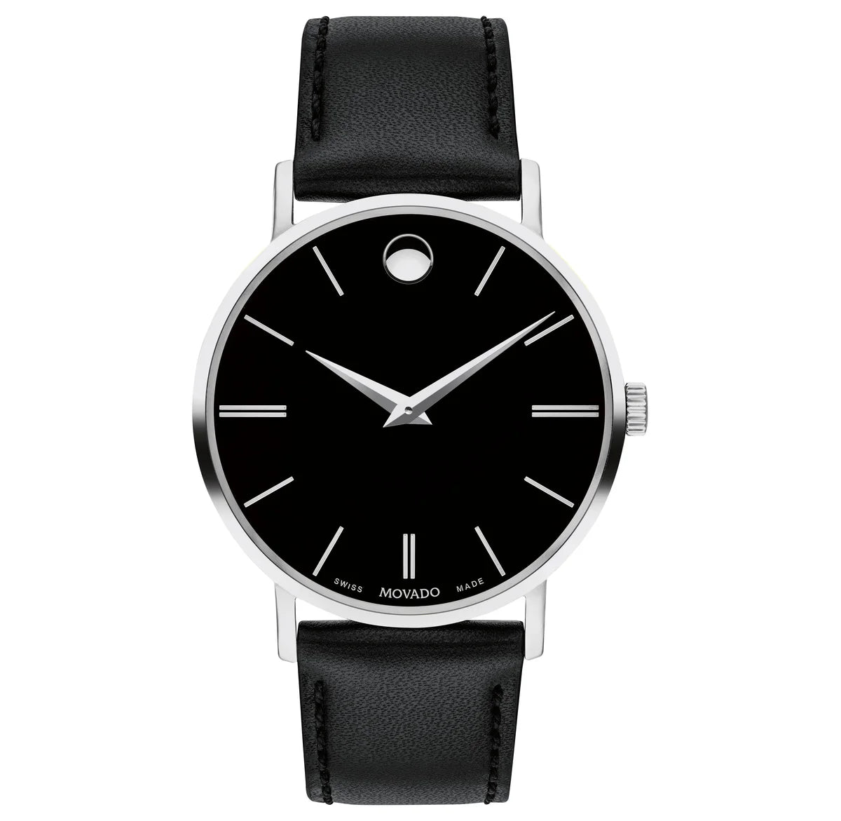 Stainless Steel Case/Black Dial with markers & Black Calfskin Strap