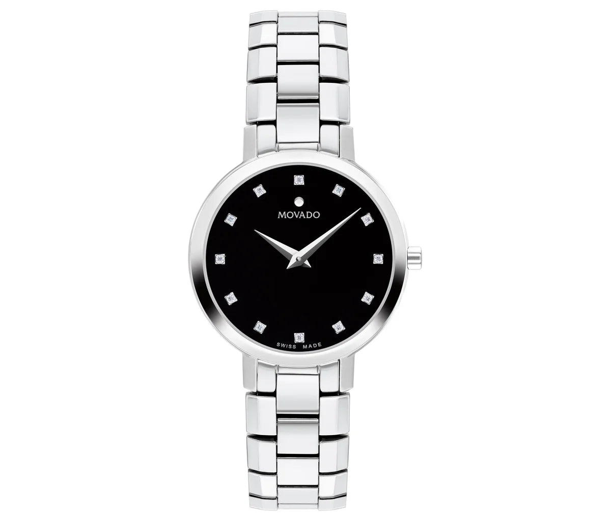 Stainless Steel Case and Bracelet with a Black Enamel Dial and 12 Diamond Markers