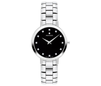 Stainless Steel Case and Bracelet with a Black Enamel Dial and 12 Diamond Markers