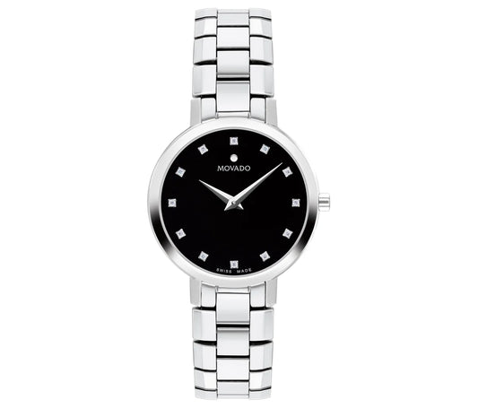 Stainless Steel Case and Bracelet with a Black Enamel Dial and 12 Diamond Markers