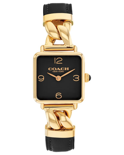 Gold Plated Square Case/Black Chain leather strap/Black Lacquer Dial