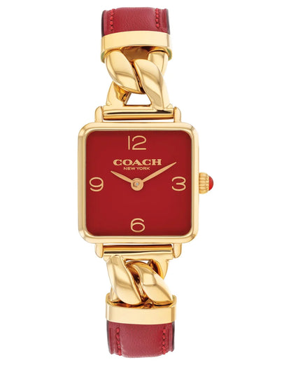 Gold Plated Square Case/Red Chain leather strap/Red Lacquer Dial