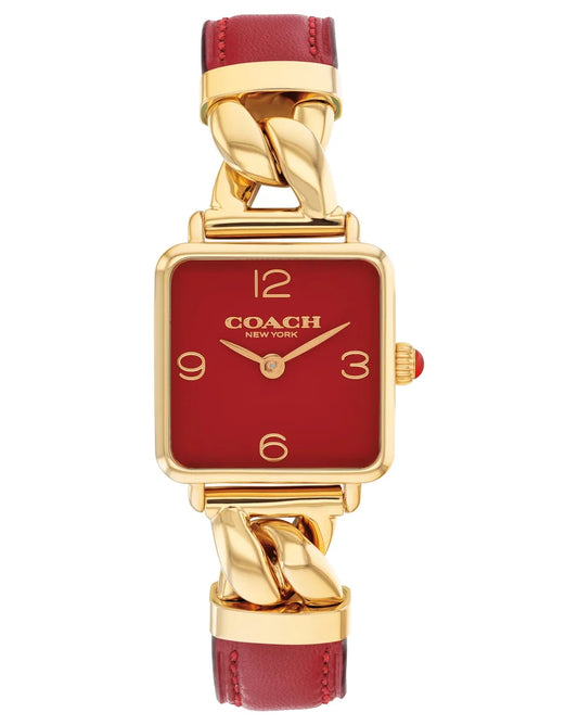 Gold Plated Square Case/Red Chain leather strap/Red Lacquer Dial