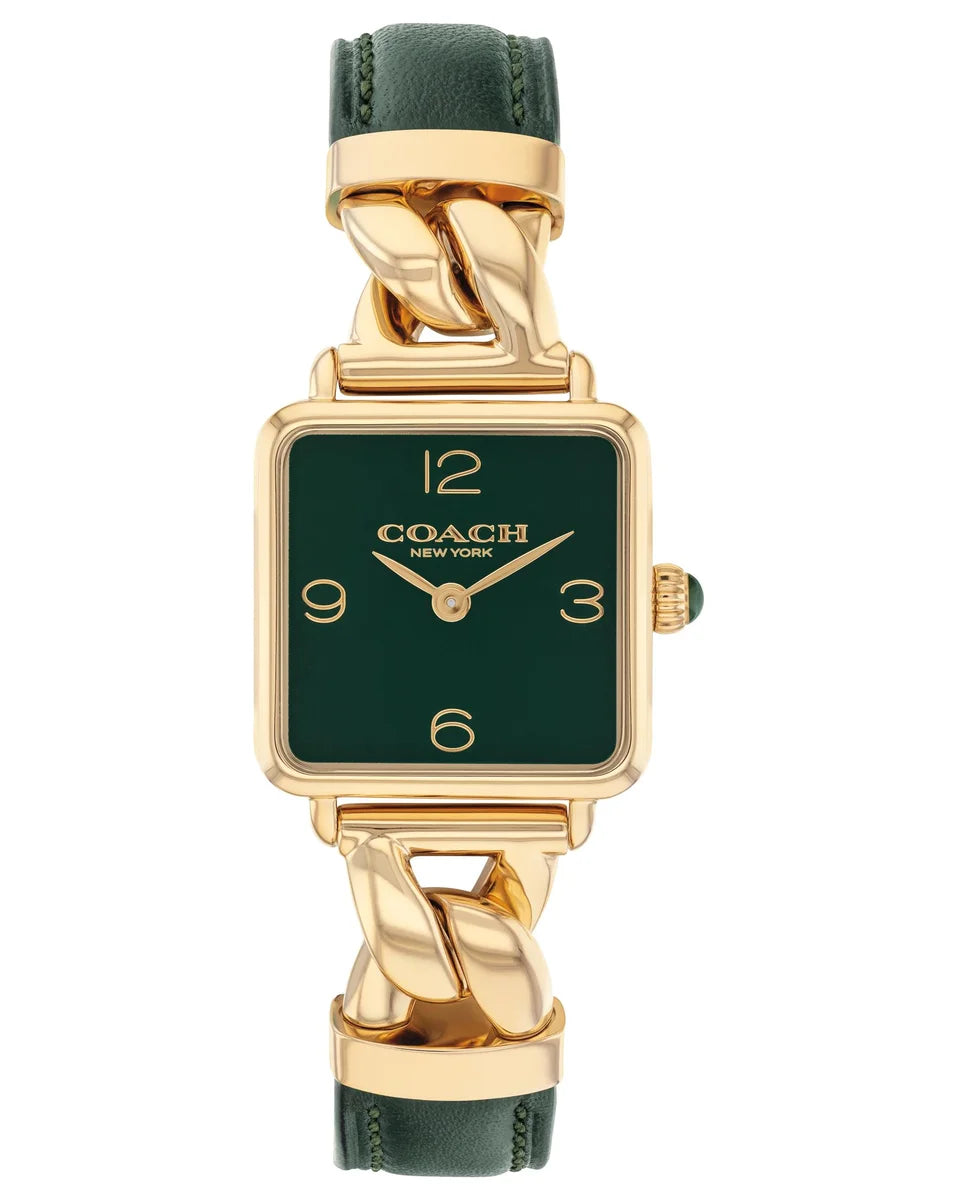 Gold Plated Square Case/Dark Green Chain leather strap/Dark Green lacquer Dial