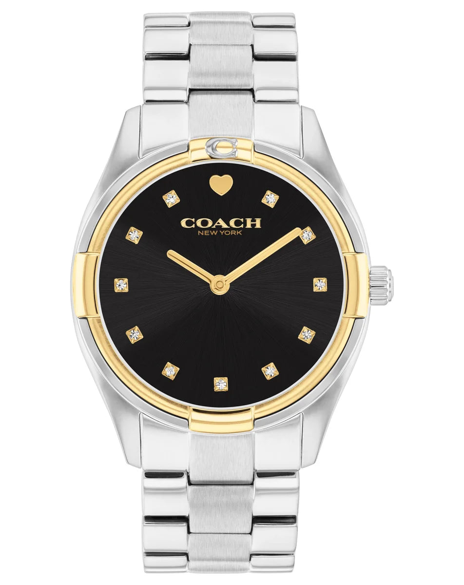 Two-toned case & Stainless Steel Bracelet/Black Dial with crystal markers