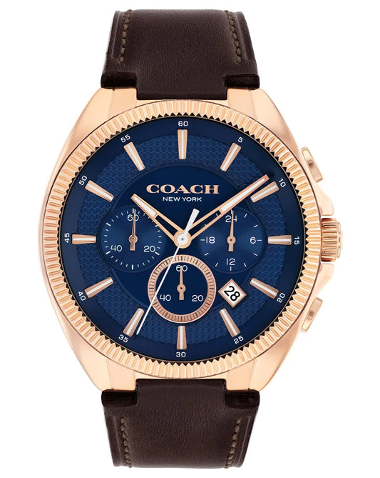 Rose Gold Plated Case/Dark Brown Leather Strap/Navy Chrono dial