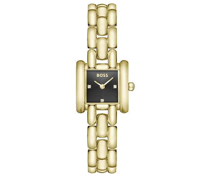 21mm Light Yellow Gold Square Case & Bracelet/Black Dial with Crystals
