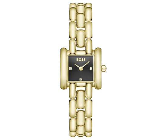 21mm Light Yellow Gold Square Case & Bracelet/Black Dial with Crystals