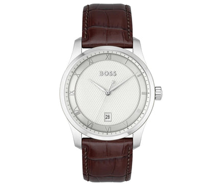 Stainless Steel Case/Brown Calfskin Strap/Silver Dial