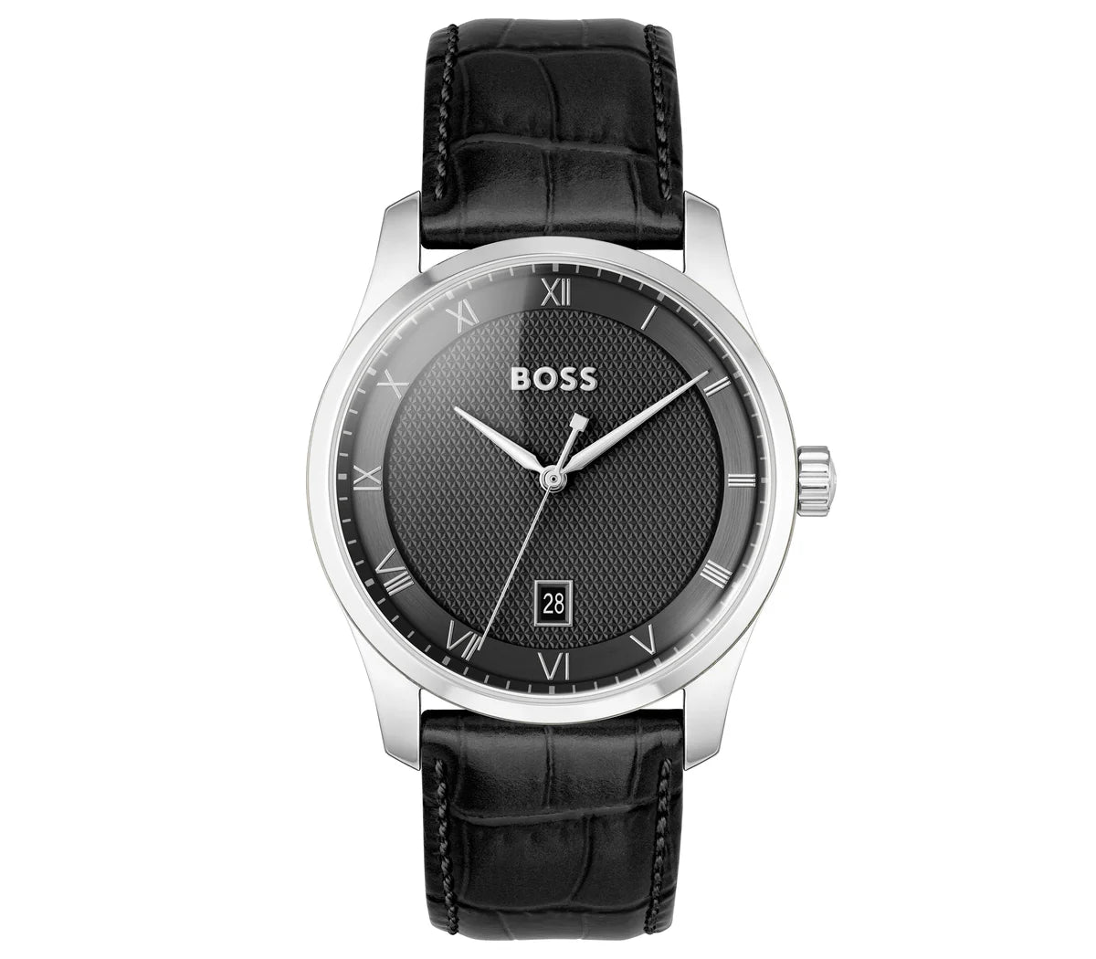 Stainless Steel Case/Black Calfskin Strap/Black Dial