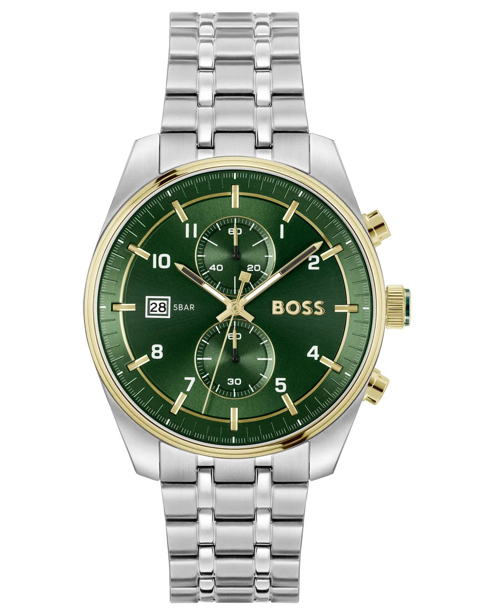 Stainless Steel & IP Gold Plated Case & Bracelet/Dark Green Chrono Dial