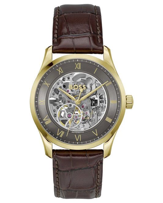 Light Yellow Gold IP Case/Brown Calfskin Strap/Grey Dial