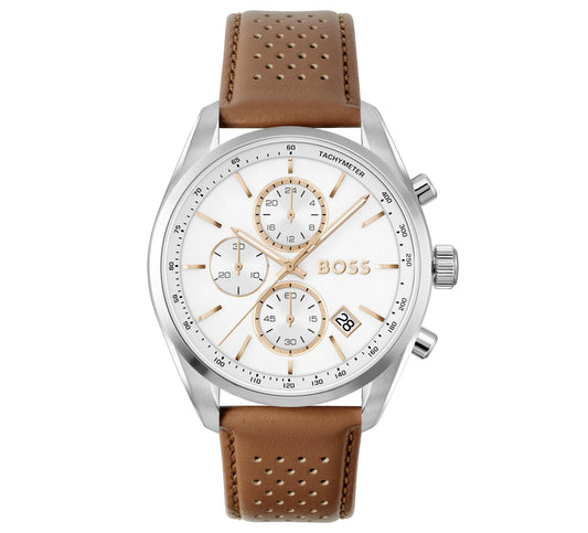 Stainless Steel Case/Brown Leather Strap/White Chrono Dial