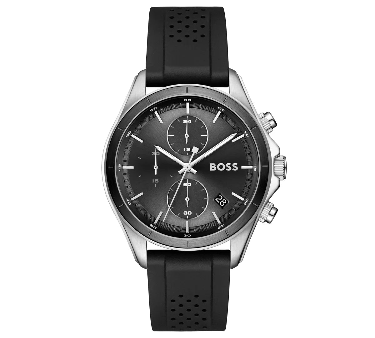 42mm Stainless Steel Case/Black Silicone Strap/Black Chornograph dial