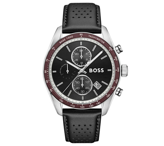 44.5mm SS Case/Burgundy Alum Bezel/Black Dial/Black Leather Strap
