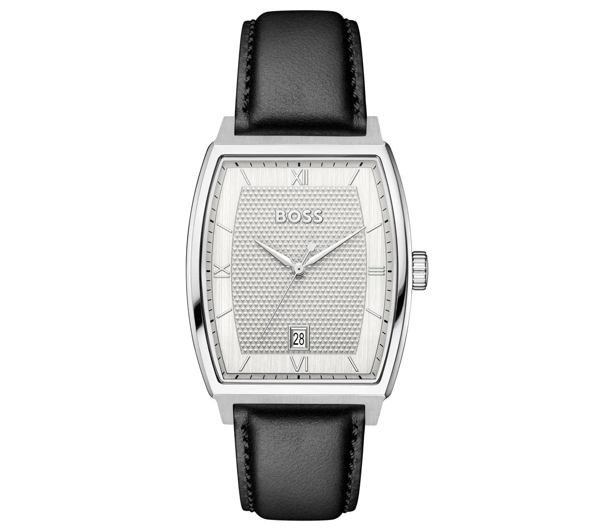 39mm Stainless Steel Case/Black Leather Strap/Silver White Dial