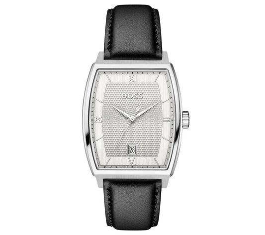 39mm Stainless Steel Case/Black Leather Strap/Silver White Dial