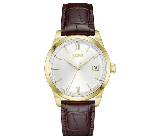 39mm Light Yellow Gold Case/Brown Leather Strap/Silver White Dial