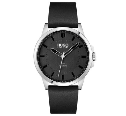 Stainless Steel Case & Black Leather Strap/Black Dial