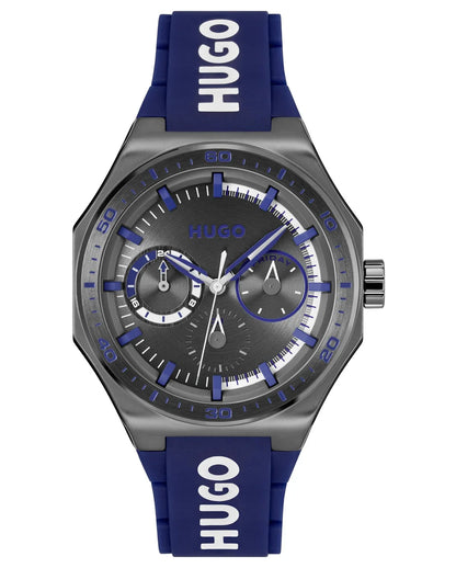 Grey IP Steel Case & Blue Silicone Strap/Grey multi-function Dial