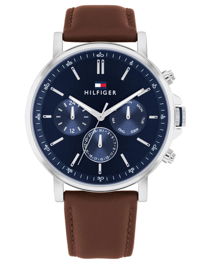Stainless Steel Case/Brown Leather Strap/Navy Multi-function Dial