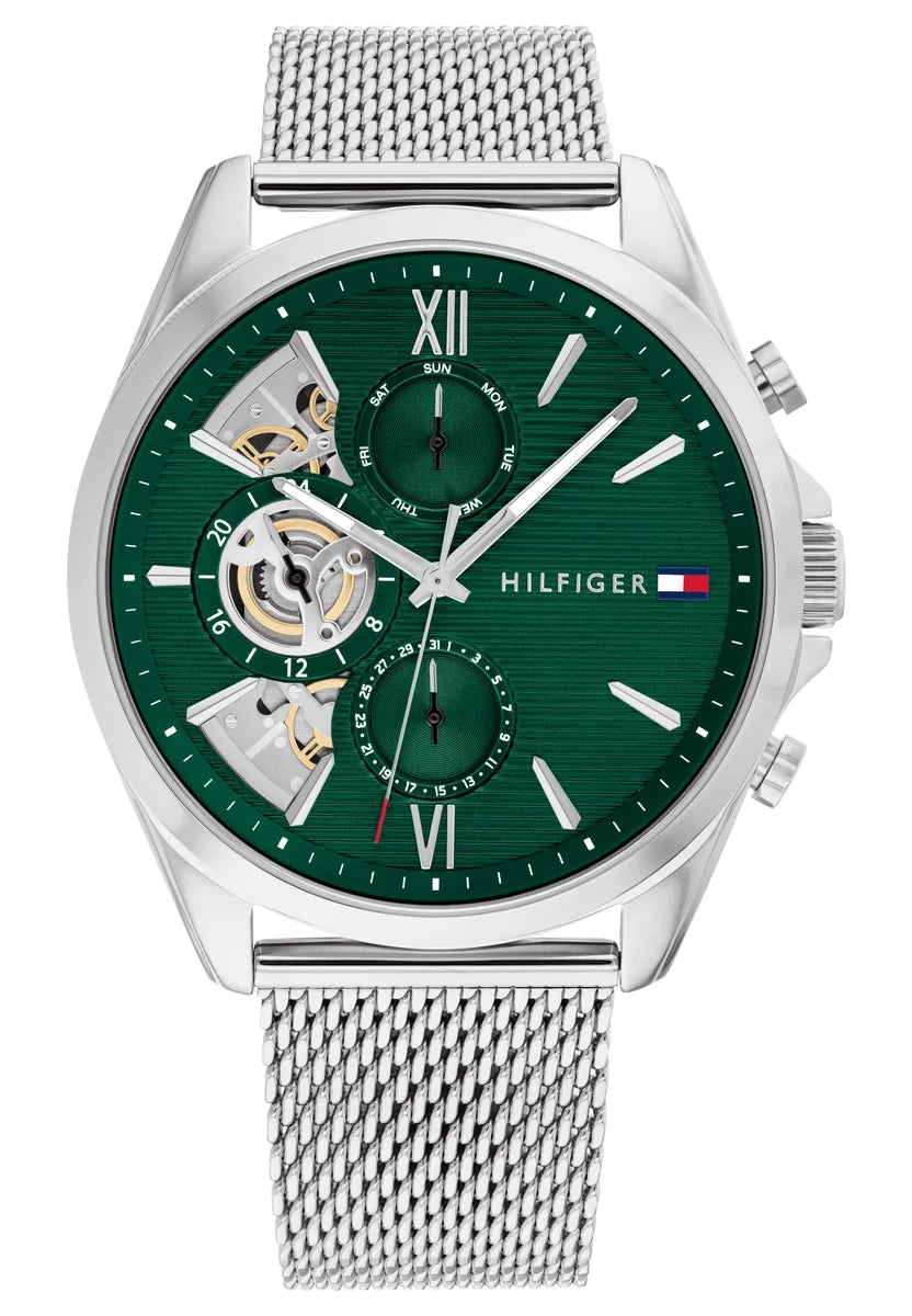 Stainless Steel Case & mesh Bracelet/Green multi-function Dial