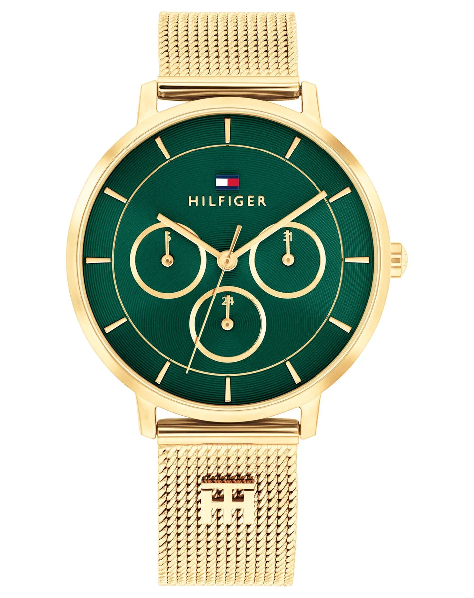 Gold Plated case and Mesh Bracelet/Emerald Green Multi-function Dial