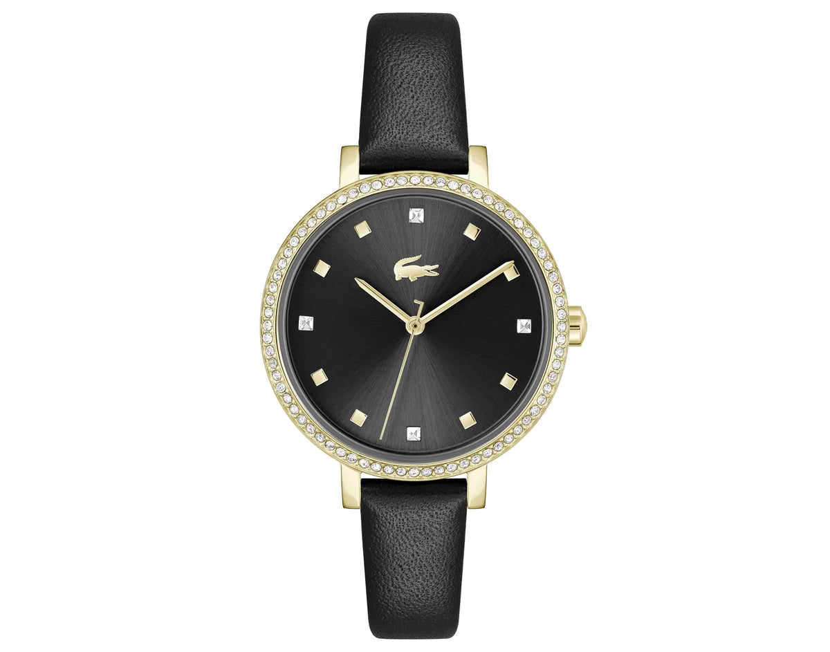 Yellow Gold IP Case w/ Crystals/Black Leather Strap/Black Dial