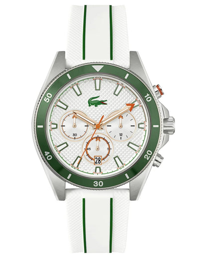 Stainless Steel Case/Green aluminum bezel/White Silicone Strap/White Dial
