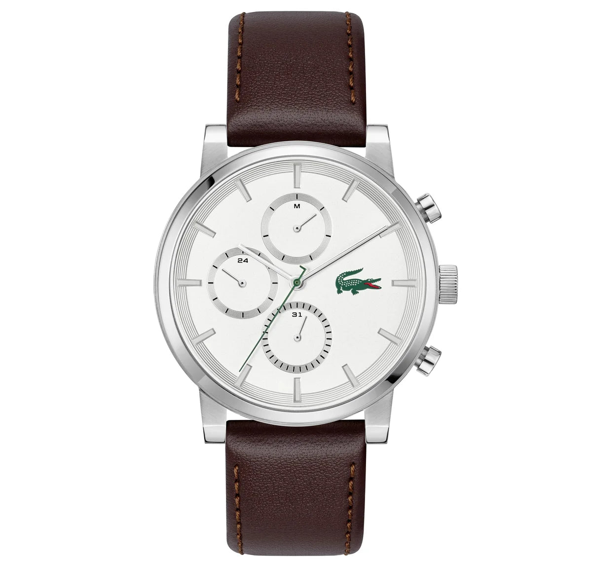 Stainless Steel Case/Brown Leather Strap/White multi function Dial