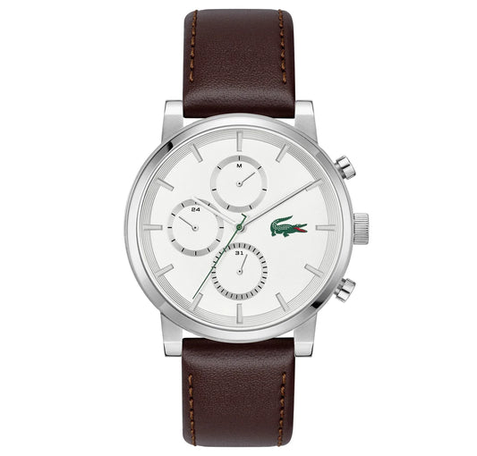 Stainless Steel Case/Brown Leather Strap/White multi function Dial