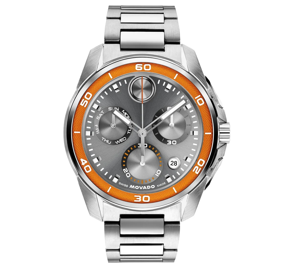 Stainless Steel case and bracelet with a gray dial and orange accents