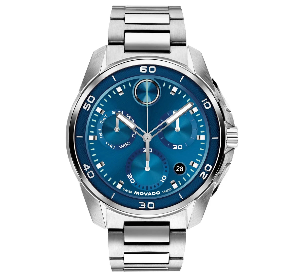 Stainless Steel case and bracelet with a blue dial