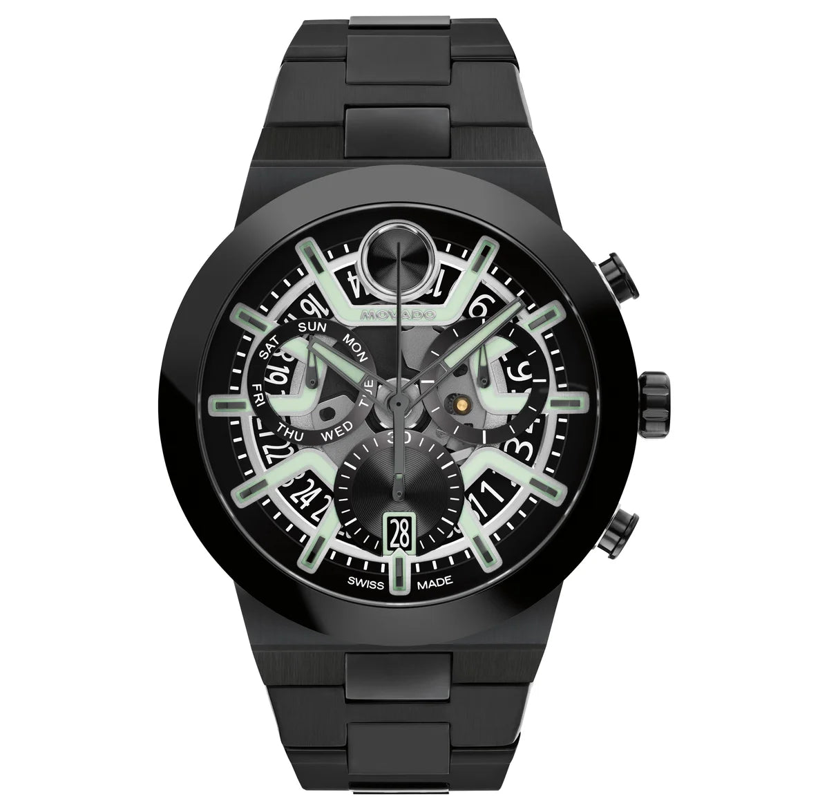 Black IP Case and Bracelet with a Black Ceramic Bezel and Skeleton Chronograph Dial